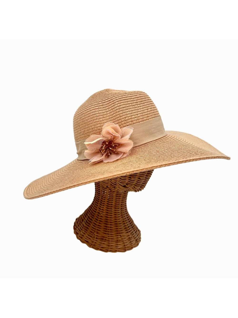 AUGUST HAT COMPANY FLOPPY SUN, DERBY, CHURCH STRAW HAT W/ BEADED FLOWER